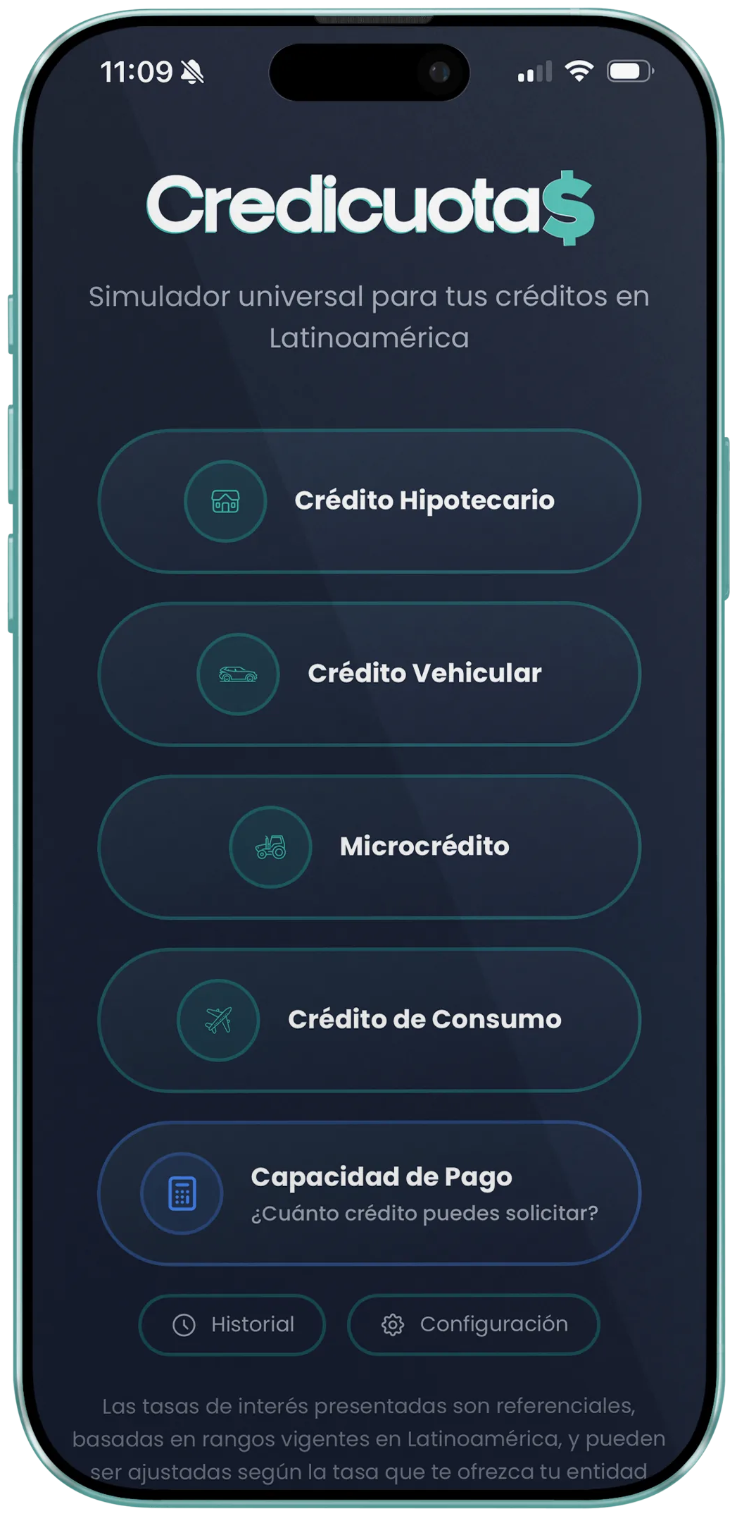 Credicuotas en iPhone — simulador universal de créditos