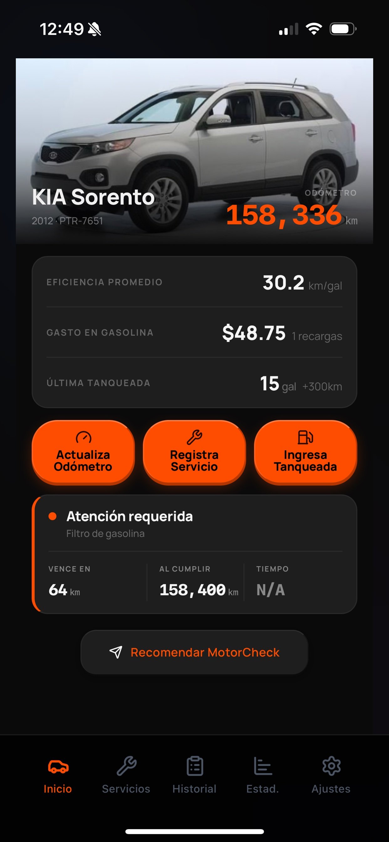 Inicio — tu vehículo y sus stats